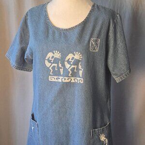 Rama of USA Denim Kokopelli Dress Size Small Southwestern Artsy Boho Pocket Shif